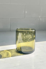 Olive Green Handblown Etched Tumbler Glass