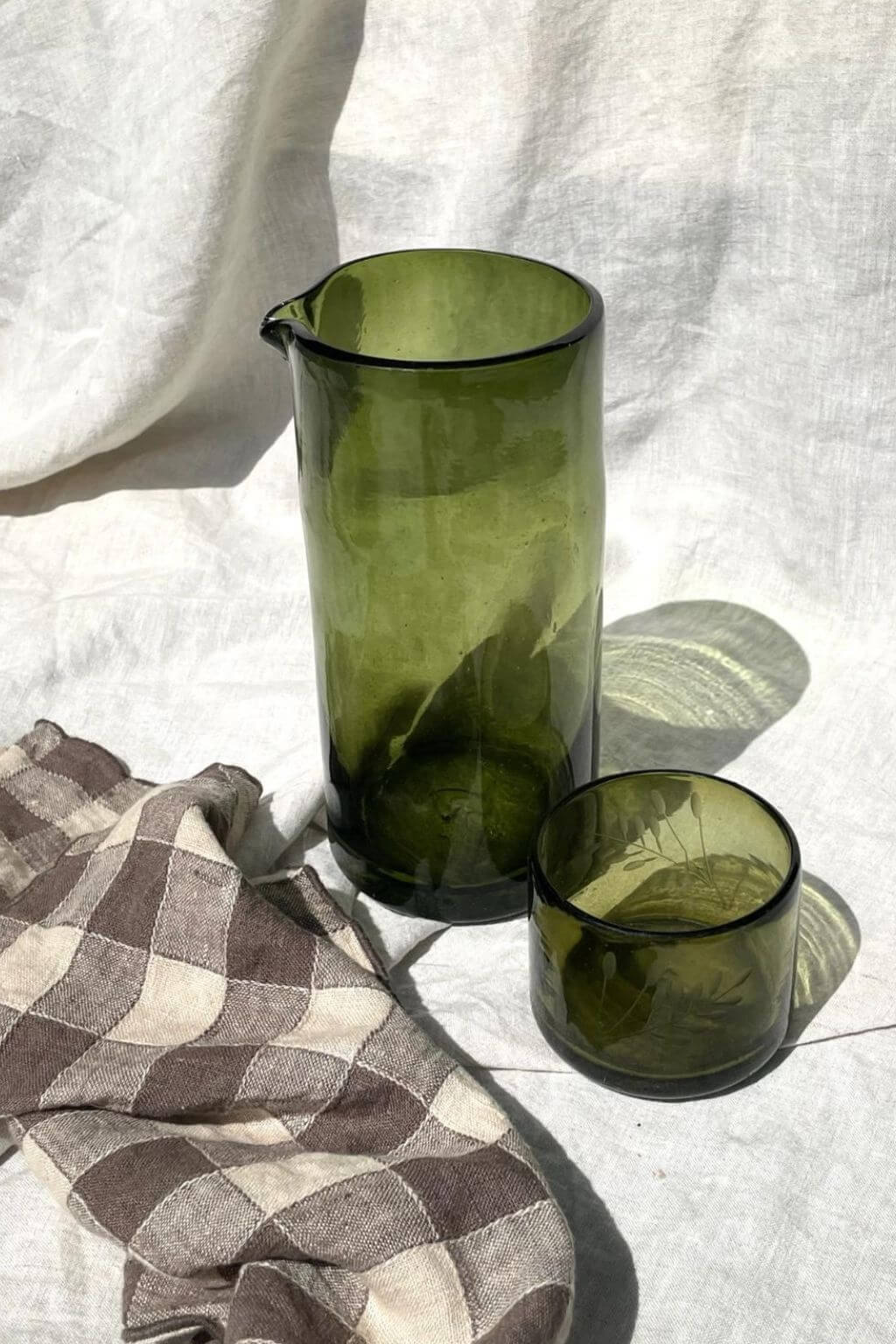 Olive Green Handblown Glass Pitcher