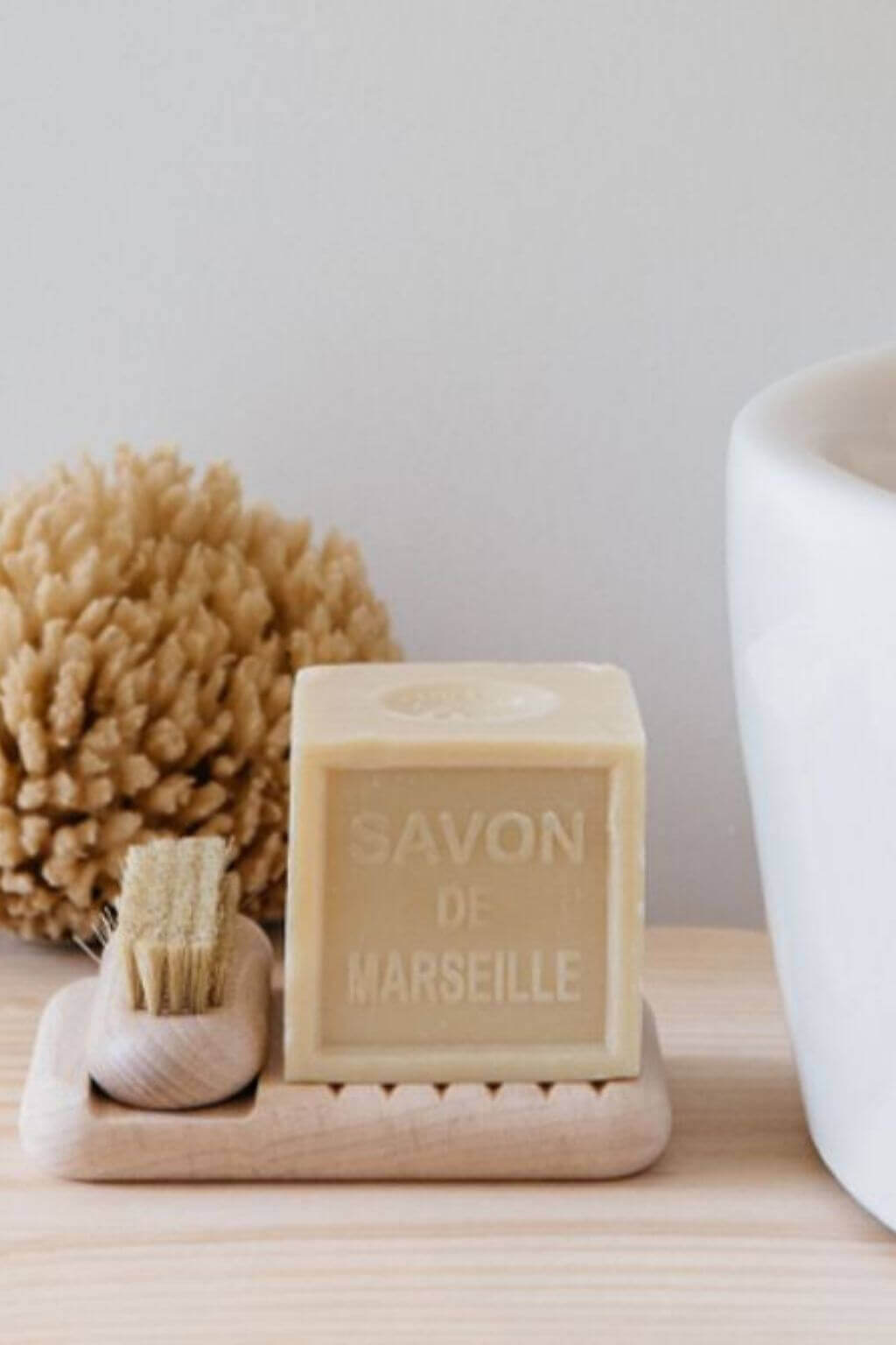 French Beech Wood Soap Dish + Nail Brush Set Andree Jardin