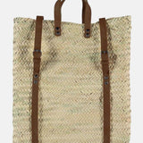 Gathering Wildflowers Straw Backpack with Brown Leather Straps